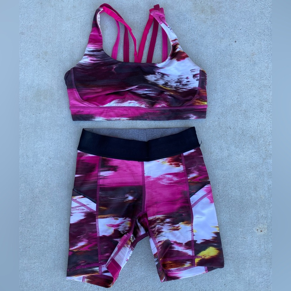 lululemon athletica Pink and White Sports Bra and biker shorts Set